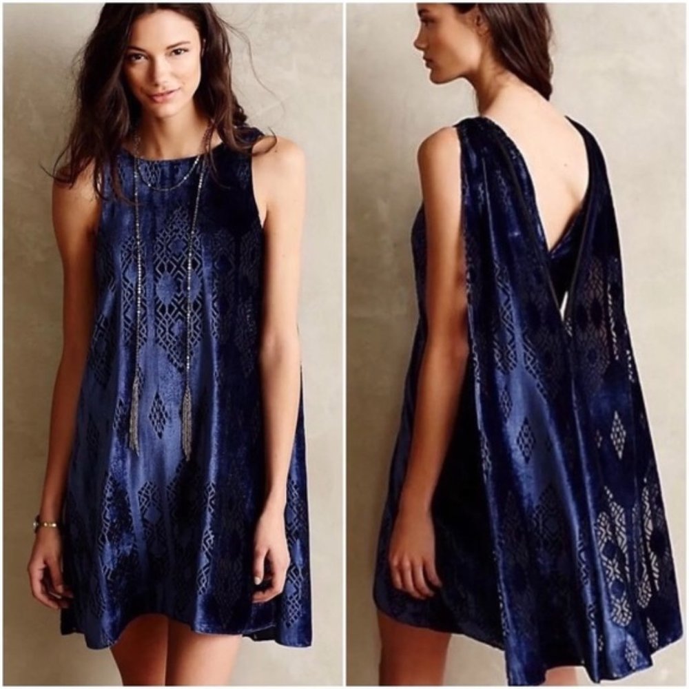NWT Anthropologie Burnout Velvet Swing Dress in Cerulean Blue